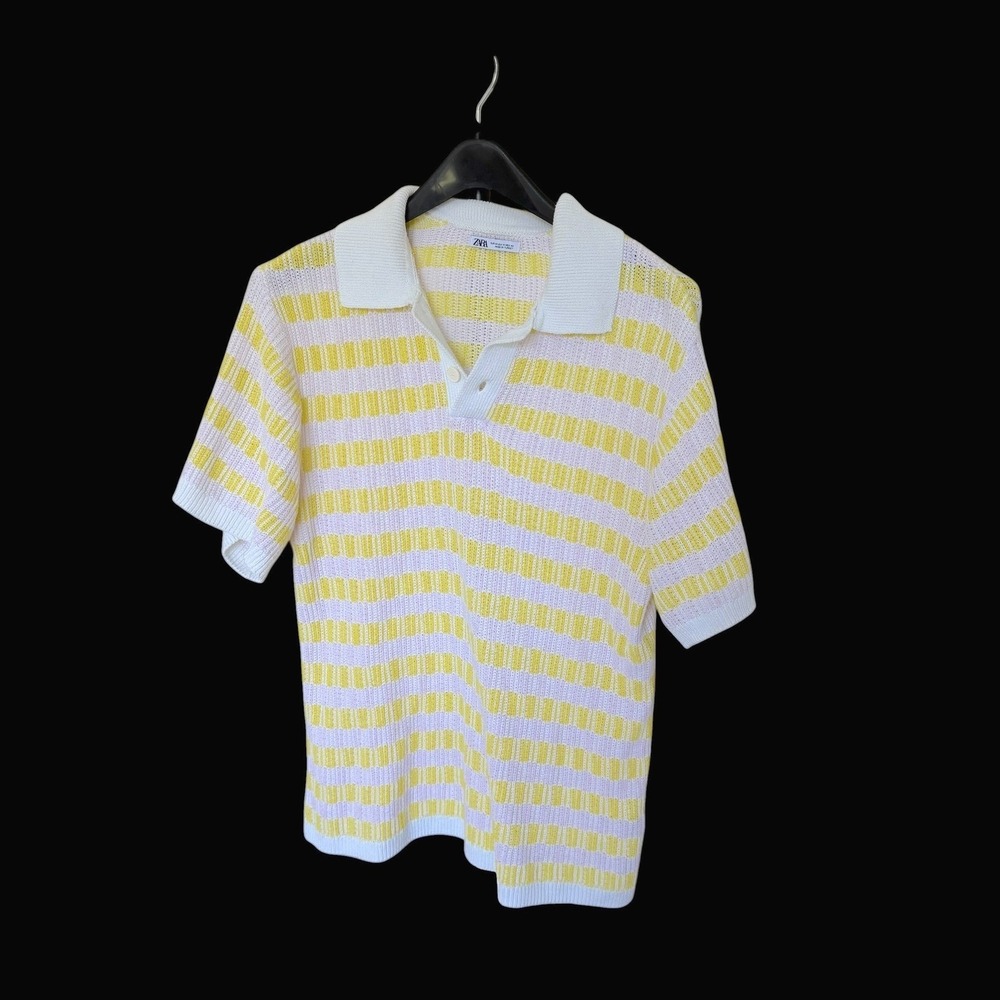 Zara Mens Yellow White Striped Knit Polo Shirt Short Sleeve Crochet Size Medium